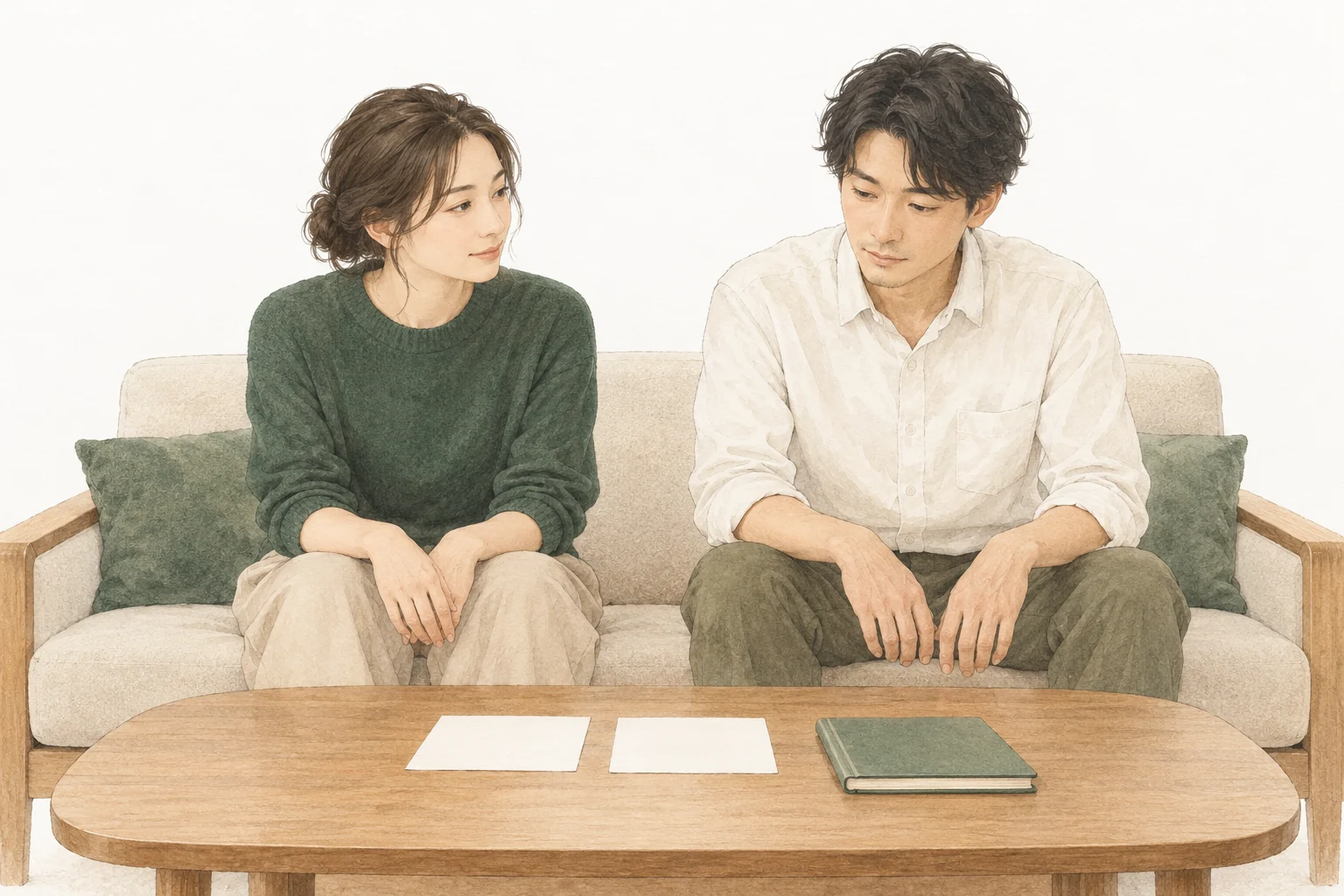 2人がソファに座り候補のメモを見ながら検討するイラスト